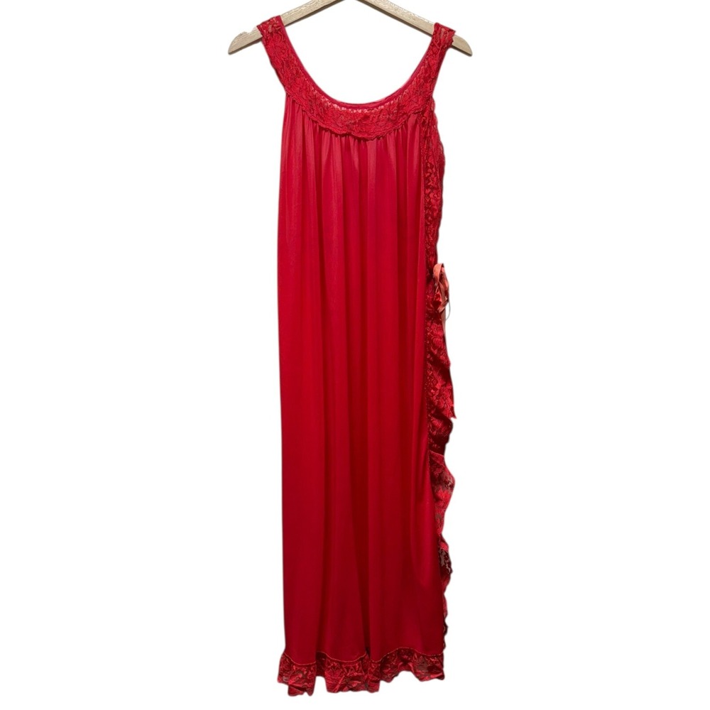 Vtg Slip Dress Red Maxi Gown Lace Trim Side Tie Nylon Sz L‎ Coquette Lingerie